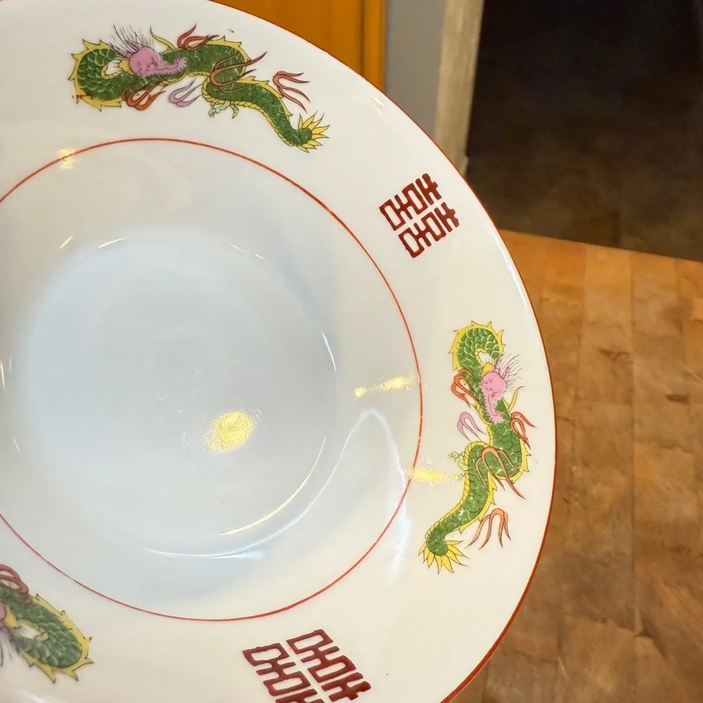 Vintage Chinese Ceramic Ramen Soup Bowls Hand Painted Dragon Dishes Japan